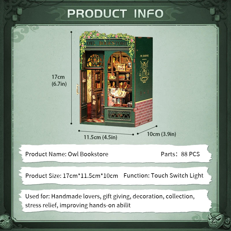 Owl Bookstore Miniature Book Nook DIY Kit with LED Lighting
