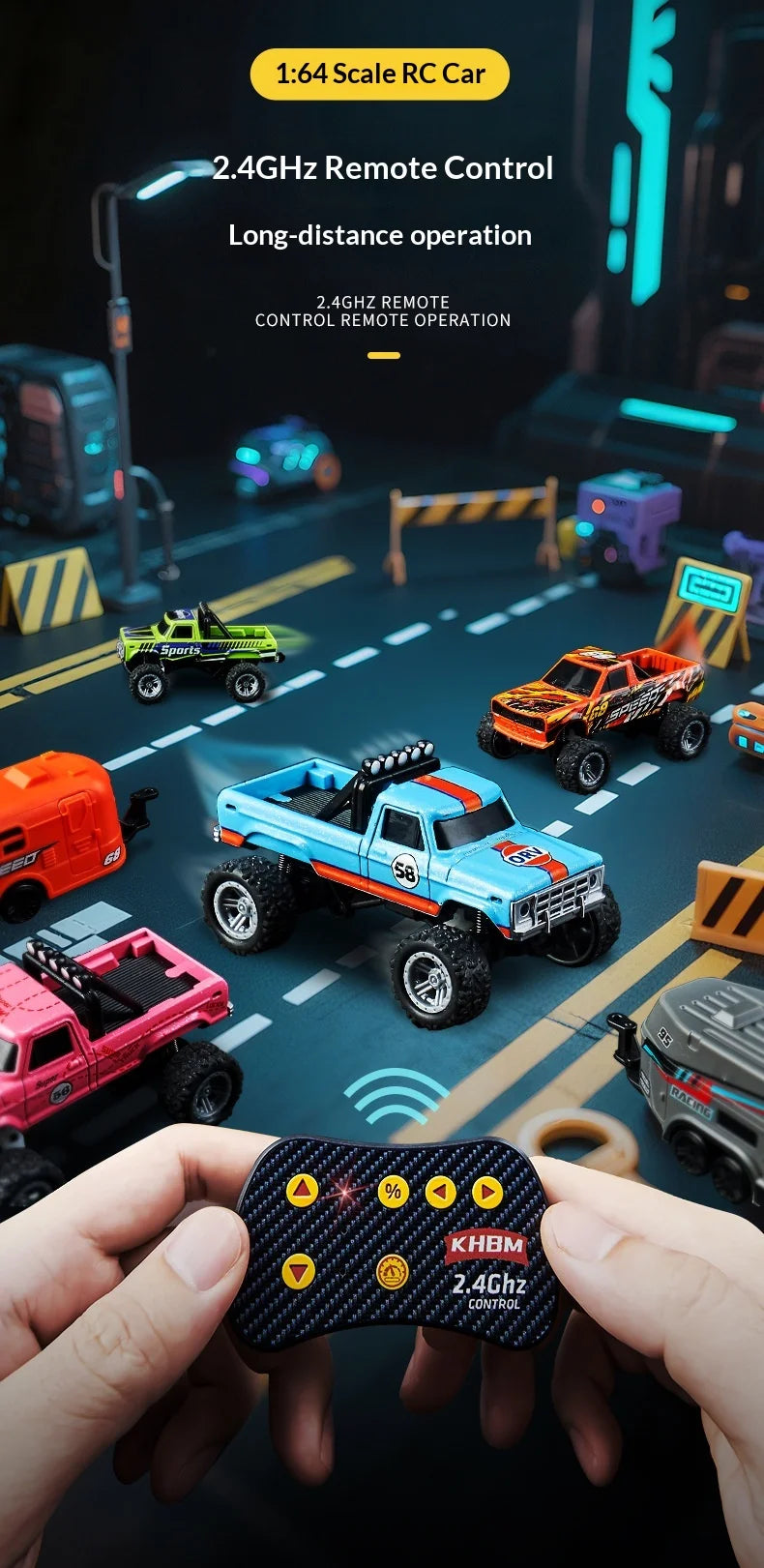 A hand holds a 2.4GHz remote control transmitter, with several mini 1:64 RC monster trucks visible in the background.