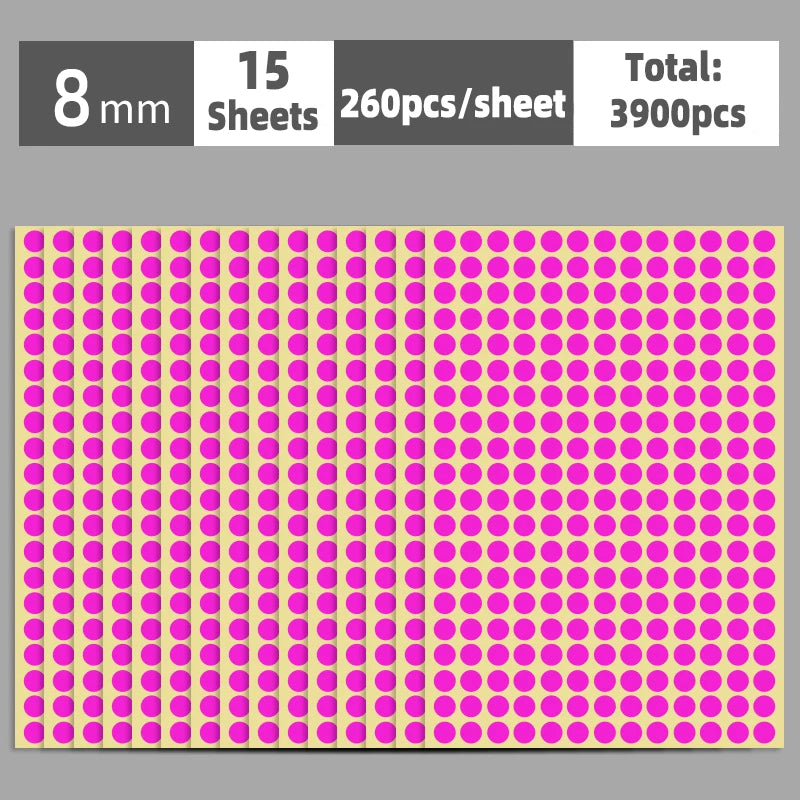A sheet of round self-adhesive dot labels in pink and yellow colors, with a total count of 3900 pieces.