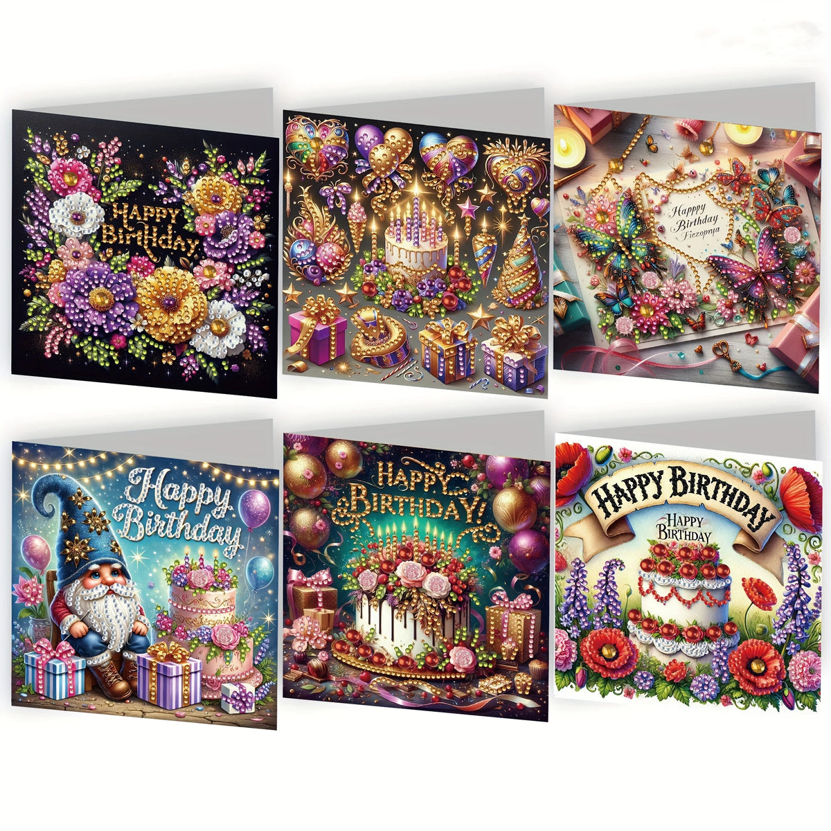 A set of diamond painting birthday cards featuring colorful flower and bird designs.