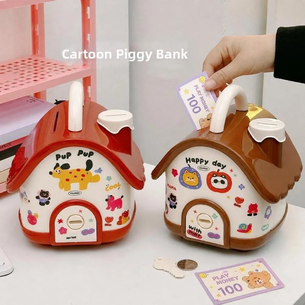 An orange house-shaped piggy bank with a lock and key is shown next to a 100 dollar coin.