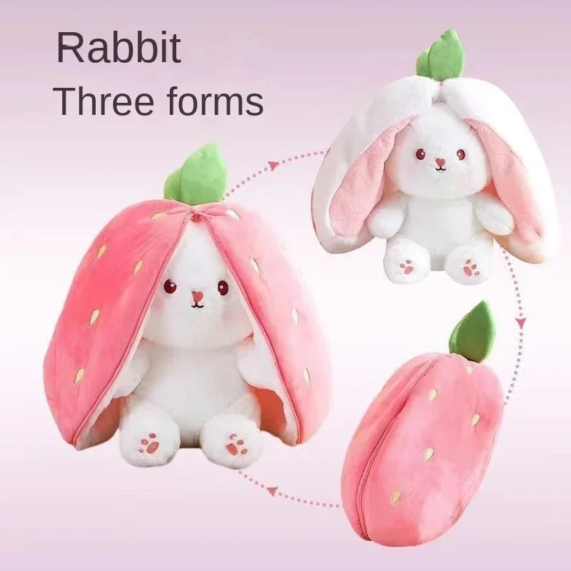 Three forms of a rabbit plush toy shaped like a strawberry, including a full fruit and a half-fruit.