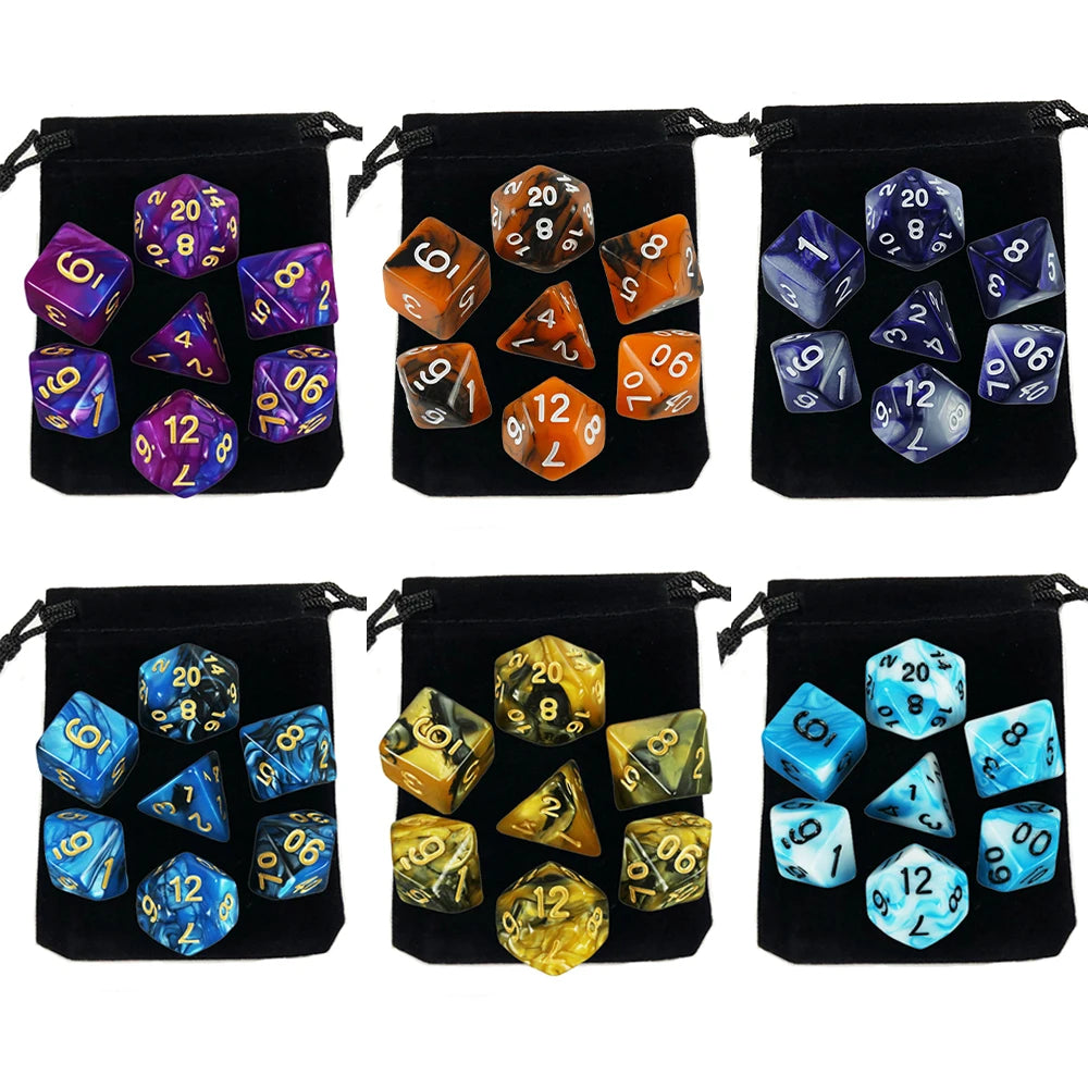 A set of polyhedral dice in various colors and sizes stored in black fabric bags.