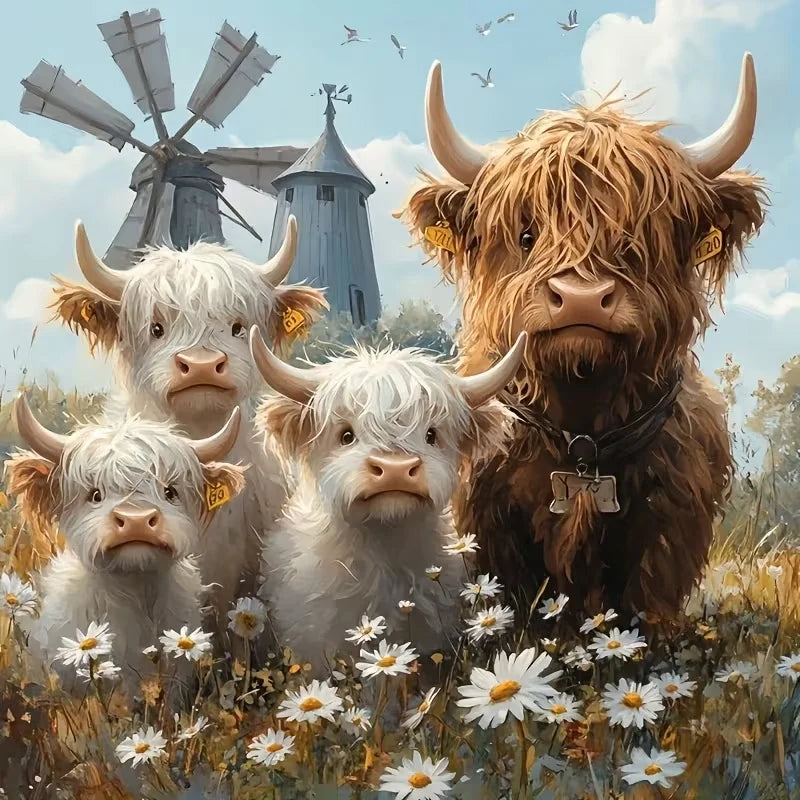 A group of fluffy, light-colored horned cows in a field with wildflowers.