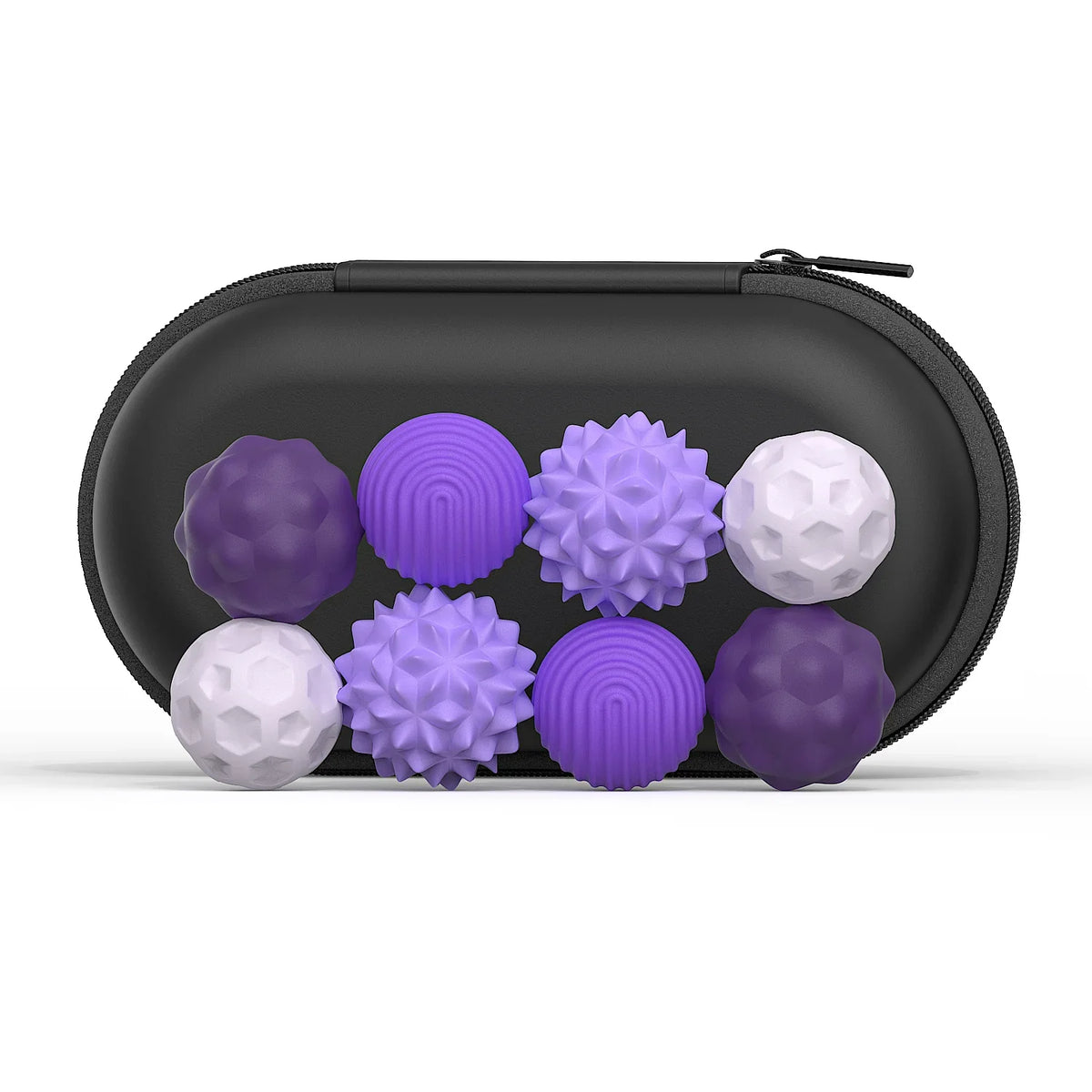 A collection of purple and white soft sensory silicone massage balls displayed inside a black zippered pouch.