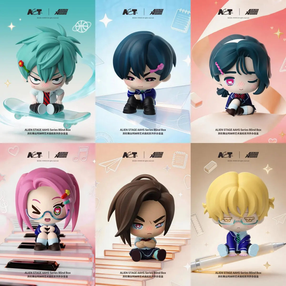 A collection of blind box figures depicting characters from the Alien Stage Art School series.