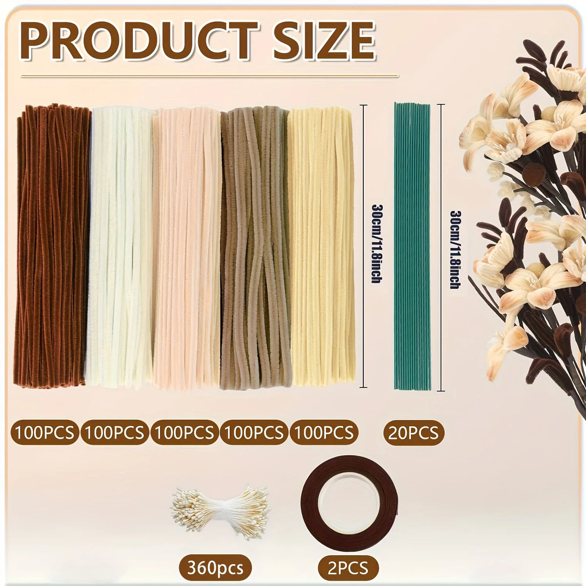 Diverss cure-dents de couleur sont exposés avec différentes quantités, dont 100 pièces et 20 pièces, avec un bouquet de trois