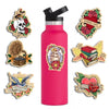 A pink water bottle featuring various retro tattoo cartoon stickers including skull, heart, book, and freedom themes.
