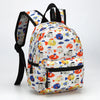 A cartoon kids backpack featuring colorful fish and sea creatures on a white background.