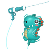 A teal dinosaur-shaped water gun with a green barrel and a flexible hose is shown against a black background.