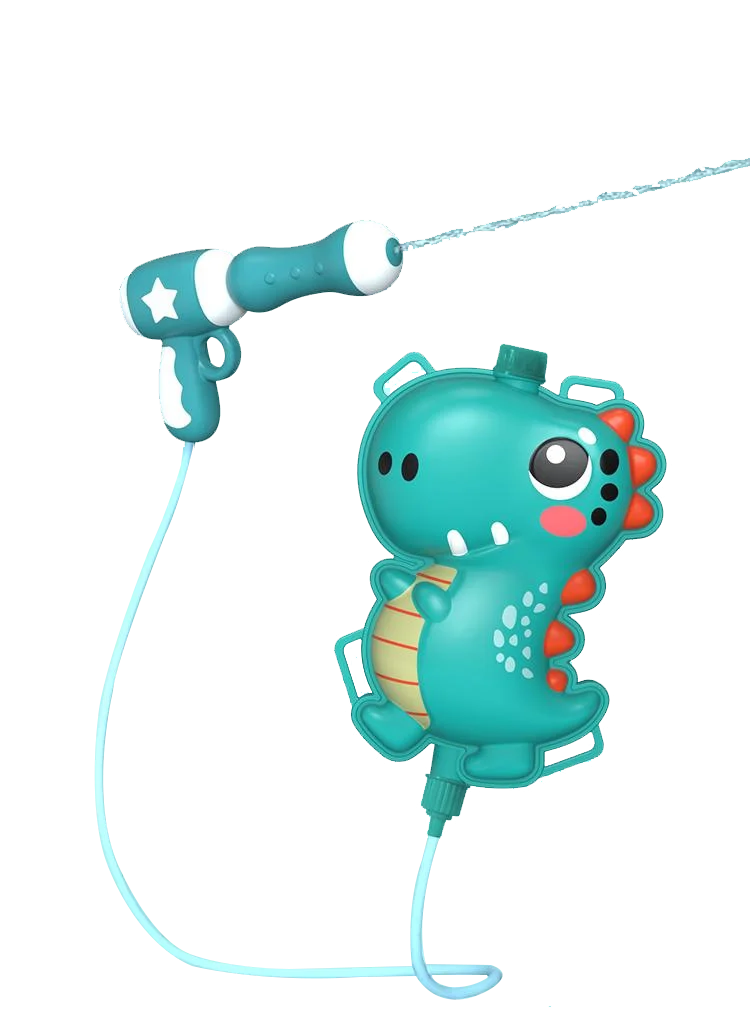 A teal dinosaur-shaped water gun with a green barrel and a flexible hose is shown against a black background.