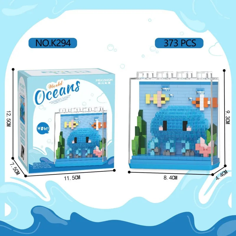 A box of 373 pieces of Ocean Animals building blocks featuring shark, dolphin, and whale mini models.
