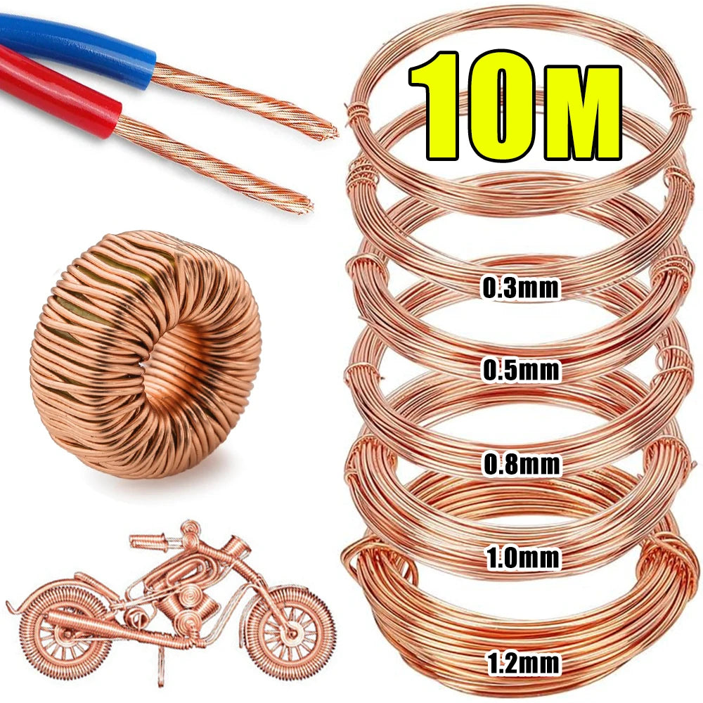A set of 10 meters of solid bare copper wire coils in various gauges, including 0.3mm to 1.2mm.