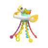 A yellow and white baby pull-string sensory toy with silicone teether attached.