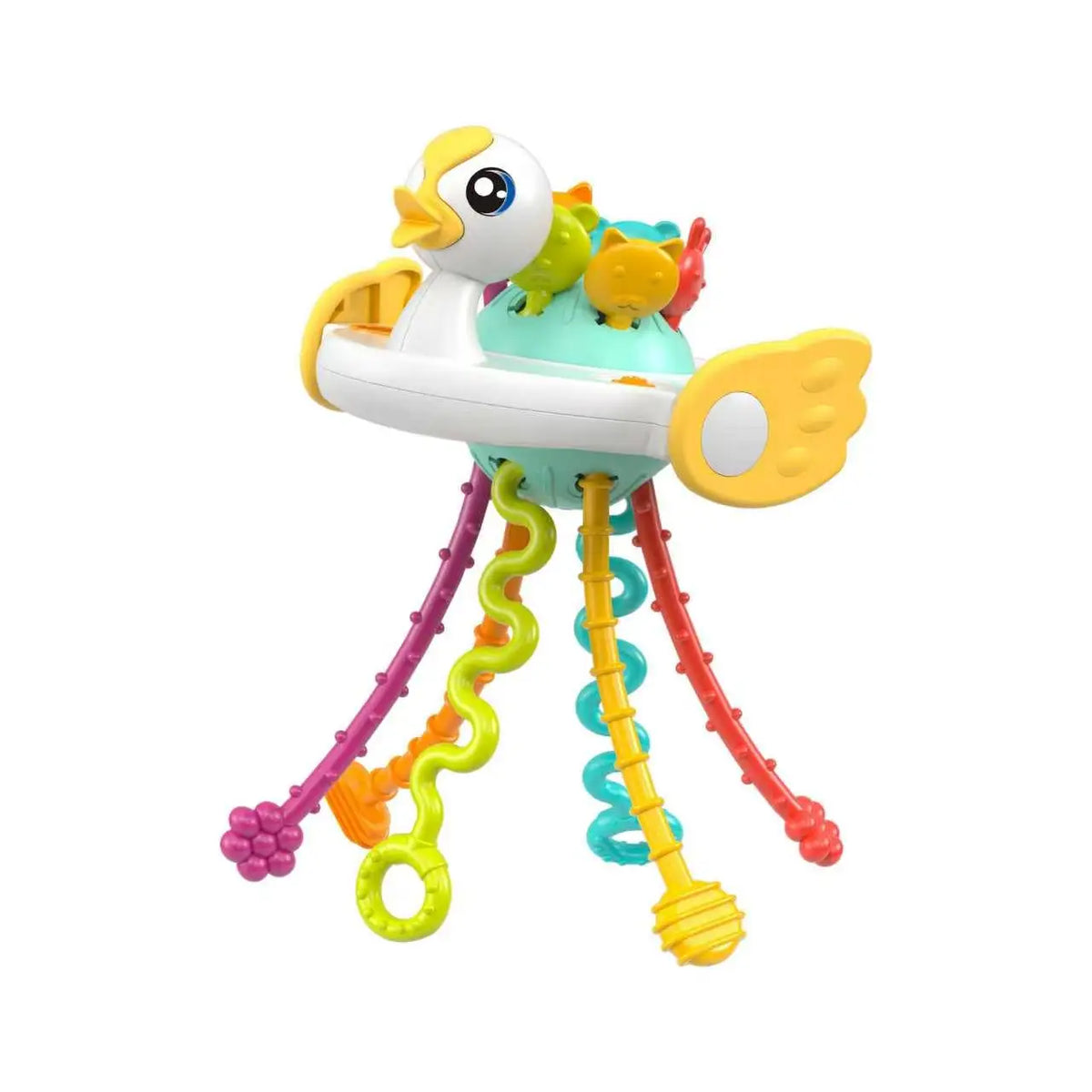 A yellow and white baby pull-string sensory toy with silicone teether attached.
