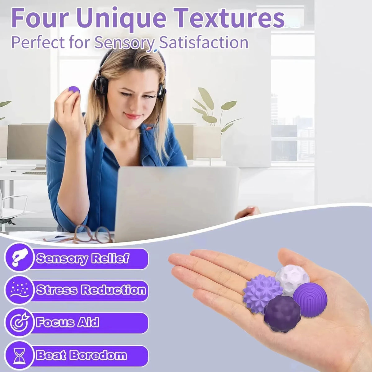 A hand holds purple and white silicone stress balls, demonstrating sensory relief and focus aid.