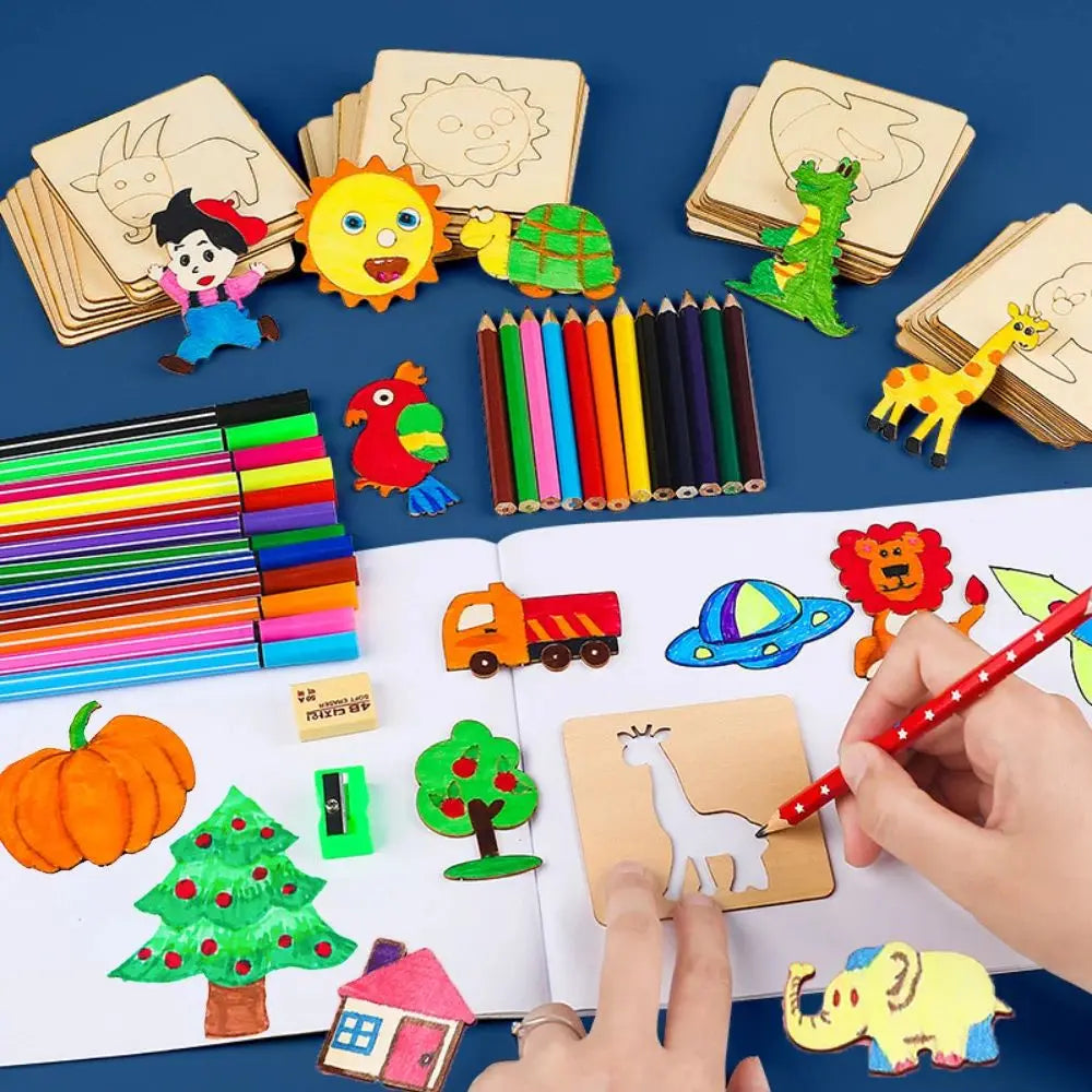 Montessori Wooden Drawing Stencils Set for Kids - 20pc Creative Painting Templates
