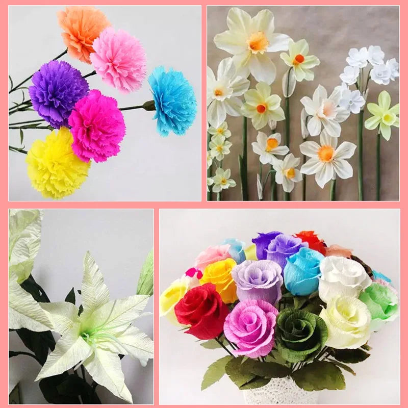 A collection of colorful crepe paper flowers and leaves used for DIY crafts and gift wrapping.
