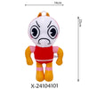 A plush, stylized cartoon character with a white face, red body, and yellow limbs, shown against a white background.