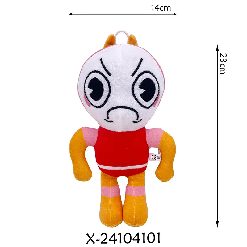 A plush, stylized cartoon character with a white face, red body, and yellow limbs, shown against a white background.
