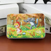 A jigsaw puzzle featuring woodland animals and a girl in an orange dress set against a forest background.