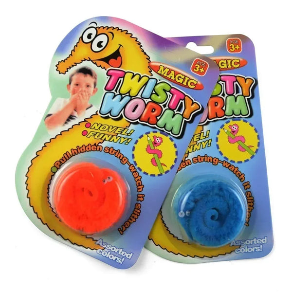 A package of Twisty Worm magic toys for kids featuring colorful plastic worms.
