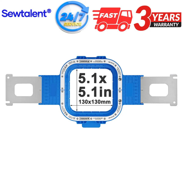 A blue magnetic embroidery hoop with a clear measurement display showing 5.1 inches and 130x130mm size.