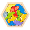 A wooden 3D jigsaw puzzle featuring colorful dinosaur shapes in a hexagonal frame.