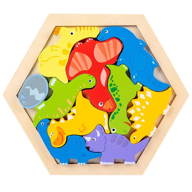 A wooden 3D jigsaw puzzle featuring colorful dinosaur shapes in a hexagonal frame.