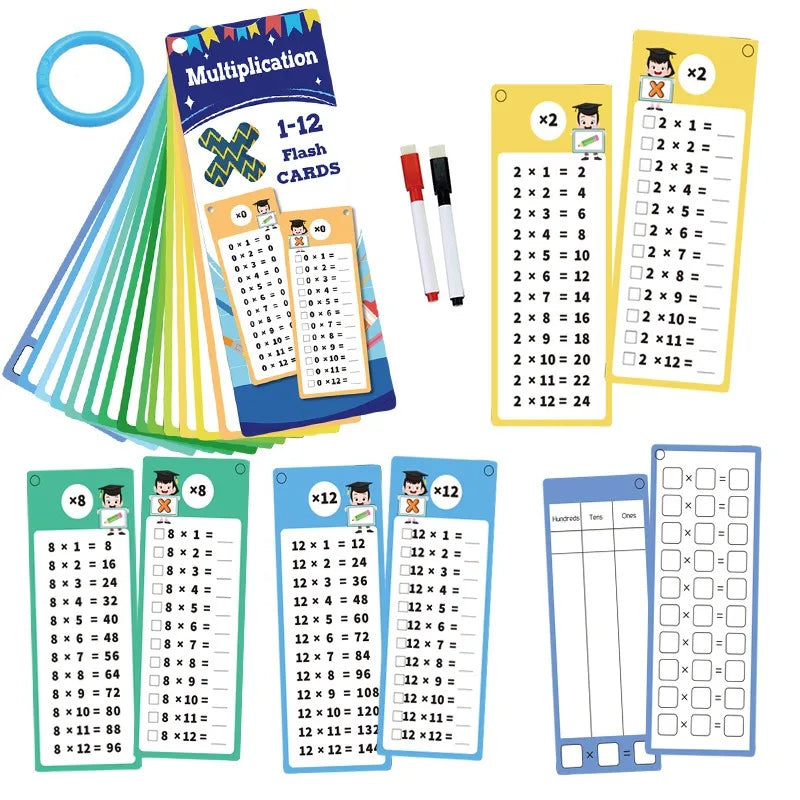 A set of colorful math flash cards for 1-12 multiplication practice featuring various operations and numbers.
