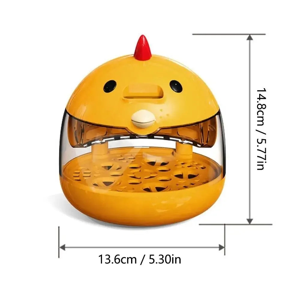 A yellow compact automatic egg incubator with a transparent window and a removable tray.