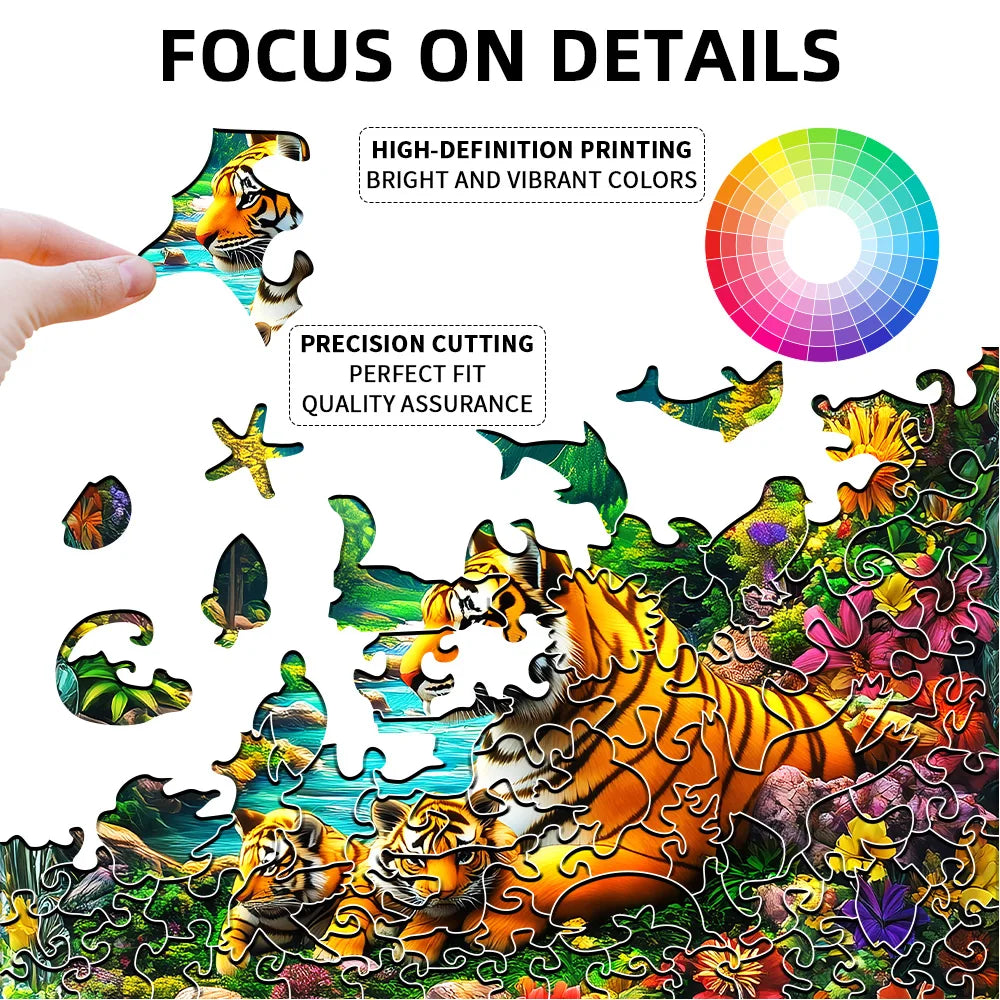 A jigsaw puzzle featuring an orange tiger in a dense jungle scene with vibrant colors.