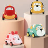 Three soft rubber pull-back toy cars in red, yellow, and mint green displayed on tiered stands.