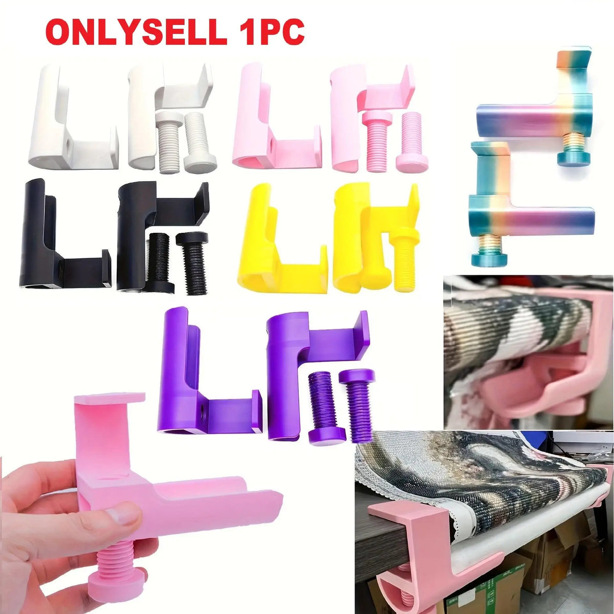 A collection of pink, purple, and yellow adjustable diamond painting canvas stands with clamps shown in various angles.