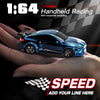A blue Mini 1:64 scale model car is held in a hand, demonstrating handheld racing and speed.