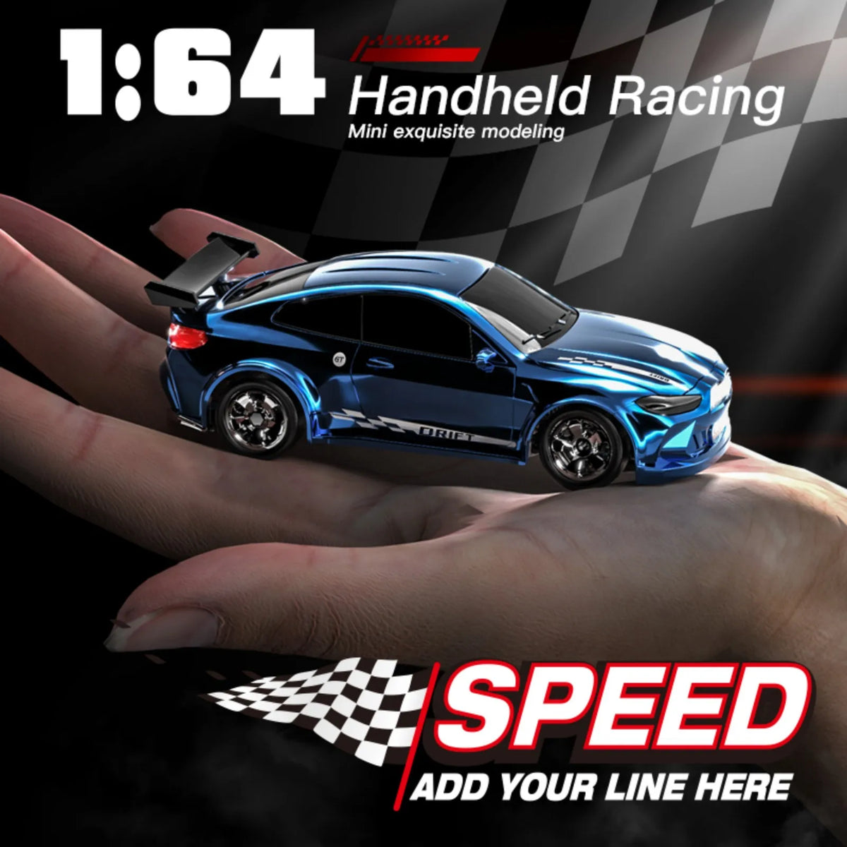 A blue Mini 1:64 scale model car is held in a hand, demonstrating handheld racing and speed.