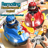 A red and blue remote control battle car toy is shown with hands operating it in a game context.