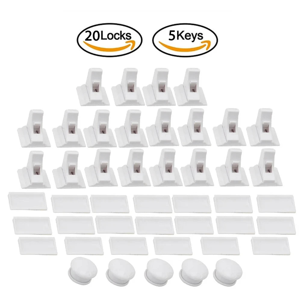 A set of magnetic child safety cabinet locks and keys, including 20 locks and 5 keys.