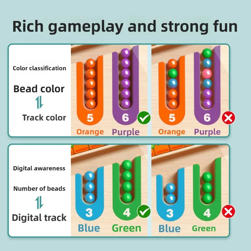 A set of wooden mazes for bead color classification and digital track counting featuring orange and purple beads.