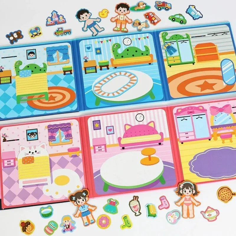 A collection of colorful magnetic quiet books and busy books featuring various scenes and objects for children.