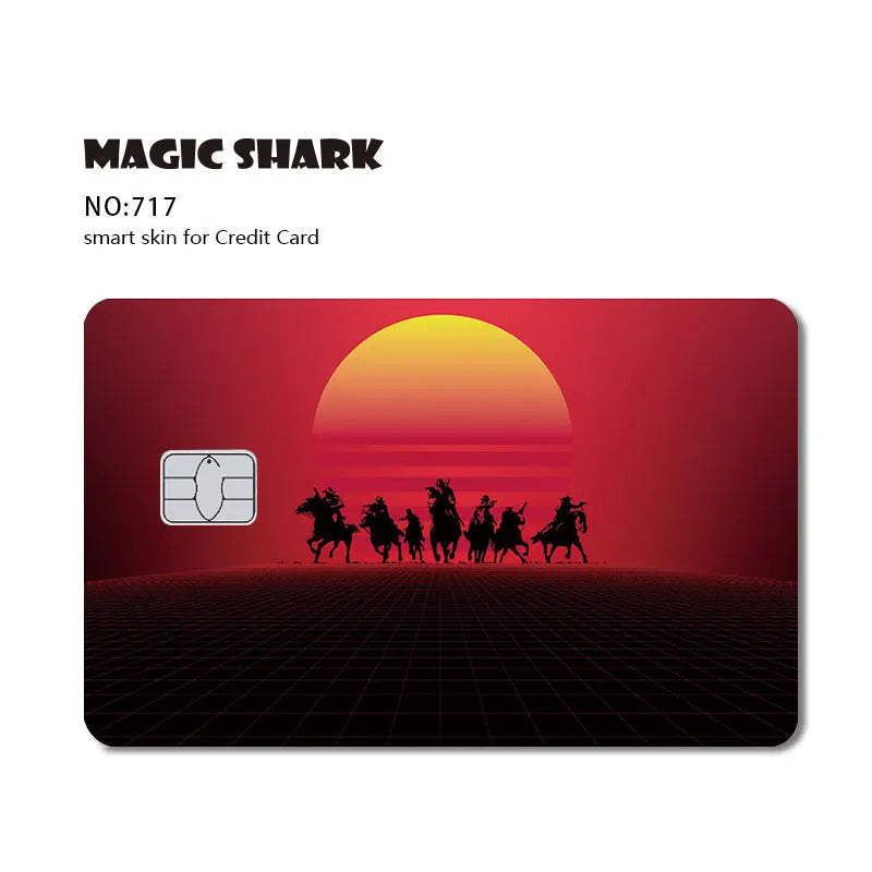 Magic Shark NO:717 skin for Credit Card featuring a sunset silhouette of riders on a grid background