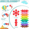 A set of red and blue plum blossom snowflake building blocks demonstrating how to grab two discs and slide them together for 