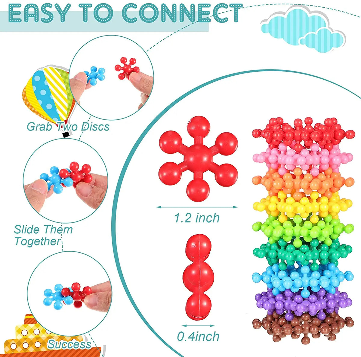 A set of red and blue plum blossom snowflake building blocks demonstrating how to grab two discs and slide them together for 