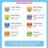 A menu screen showing various function modes for an interactive learning tablet including Letter, Word, Spell, Asking, Light,