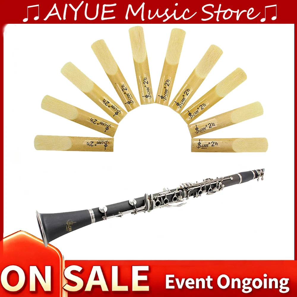 A pack of ten yellow and natural wood clarinet reeds arranged in a semi-circle with a silver instrument shown below.