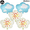 Five white and blue foil balloons shaped like clouds for birthday party decor