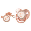 Rose gold bling baby pacifier clip featuring a silicone holder and a decorative letter C