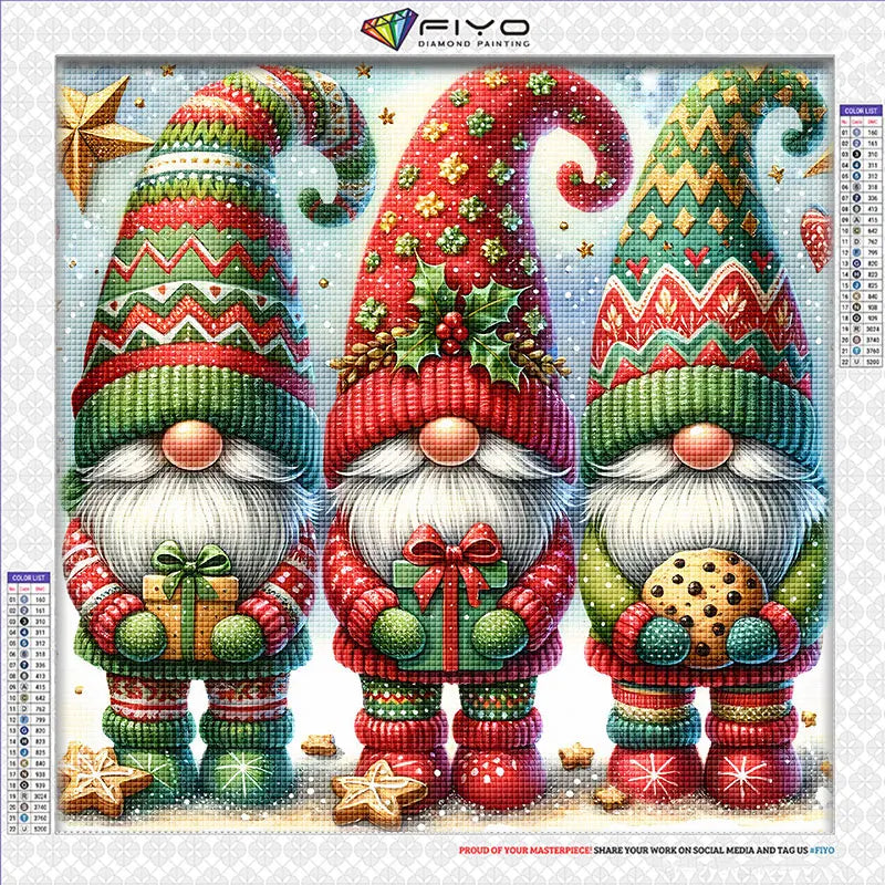 Diamond painting kit featuring three Christmas gnome mosaics with festive winter patterns