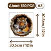A wooden jigsaw puzzle depicting a tiger inside a hollowed-out log or natural cavity.