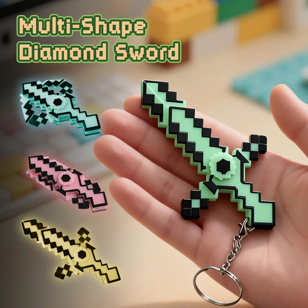 Une main tient un porte-clés de sabre en diamant multi-forme fait de gemmes pixel vertes et noires.